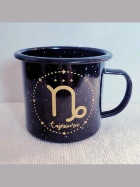 CAPRICORN -Astrology 18oz Enamel Mug/Cup- Zodiac Symbol/Star Sign - Black & Gold